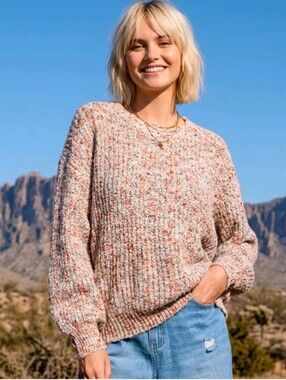 New CUPSHE Women's L Drop Shoulder Sweater Confetti Round Neck Orange Cream Rose